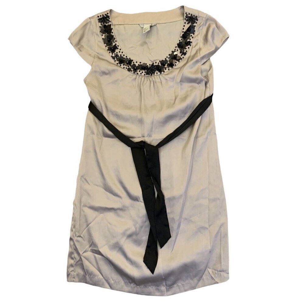 H&M Women's Belted Mini Dress Size 6 Gray Ornamental Round Neck Cap Sleeves GUC